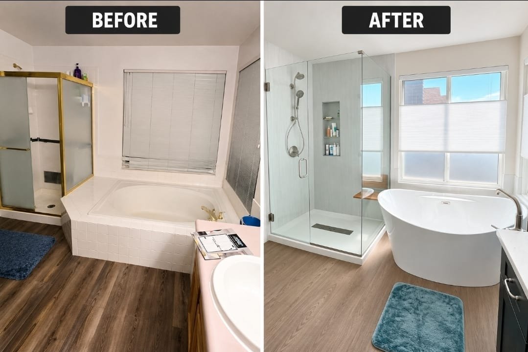 Before-and-after bathroom remodel showing an old tub and enclosed shower replaced with a freestanding tub and glass walk-in shower.